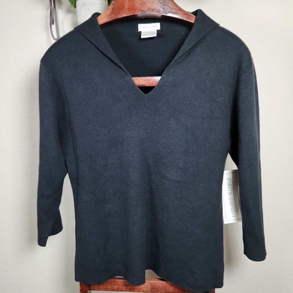 Pierre Cardin Black Cotton Knit Collared V-Neck 3/4 Sleeve Top XL New With Tags